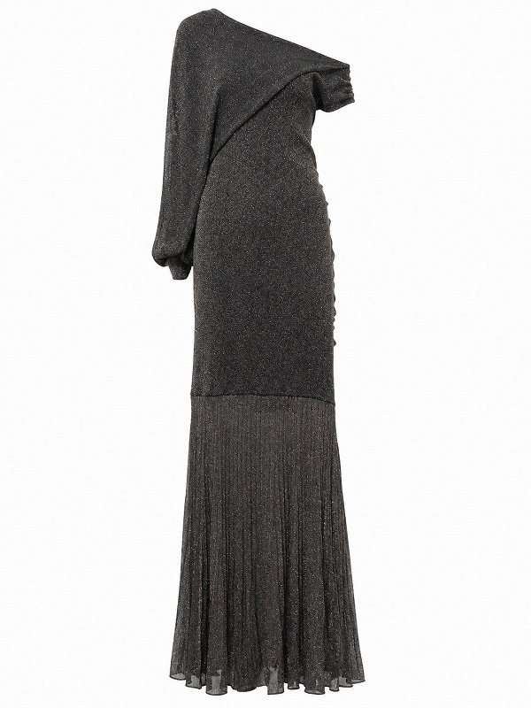 【新品DRESS 1634】ラメニットサイドオフショル裾プリーツマーメイドロングドレス ブラウンブラック【KAREN MILLEN】